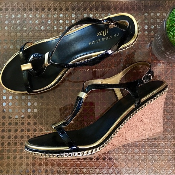 Anne Klein Shoes - ANNE KLEIN Fancy BLK/Gold iFelx Wedge 9.5M